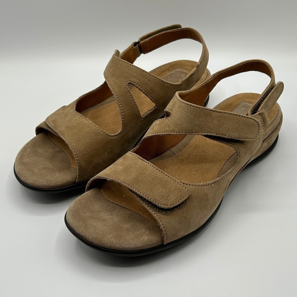 Clarks Artisan Womens 8W Tan Leather Slingback Wedge Sandals 74014 Travel Earthy